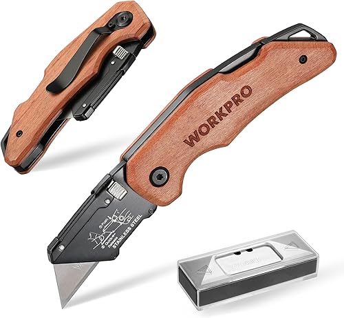 WORKPRO Teppichmesser Faltbares Universalmesser mit Holzgriff, Schnellwechsel-Cuttermesser mit rostfreiem Stahlkopf & Back Lock, inkl. 10 Ersatzklingen - Cheap-Us