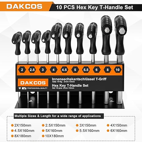 DAKCOS 10 tlg Sechskantschlüssel Set mit T-Griff Innensechskant-Stiftschlüssel Sechskantschraubendreher mit Quergriffen | Metrisch 2mm-10mm | Cr-V - Cheap-Us
