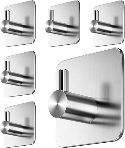 Menz Handtuchhalter ohne Bohren - 6er-Set Klebehaken als Handtuchhaken Bad Edelstahl, wasserfeste Haken selbstklebend, attraktive Wandhaken, Farbe: Silber - Cheap-Us