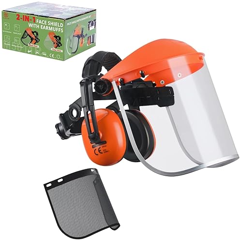 GUARDLEAD Gesichtsschutz und Gehörschutz Kombination, 2 in1 Visier mit klappbarem Polycarbonatvisier und Maschenvisier, verstellbarer Schutzschild für Gartenarbeit und industriellen Lärm - Cheap-Us