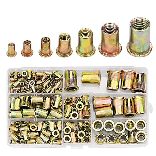 Nietmuttern Sortiment 300 Stück, M3 M4 M5 M6 M8 M10 M12, Blindnietmuttern Nietmutter Kohlstahl Einnietmuttern Set Metrische Niet Nutsert Kappe Flachkopf Gewinde Einsatz Sortiment in Kunststoffbox - Cheap-Us