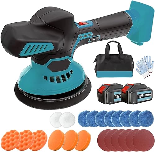 Akku Poliermaschine, Bürstenlos mit 2x5500mAh Akku und Ladegerät, 21V 145mm und 23PCS Anhänge, Polieren Pad zum Entfernen von Farbe und Mörtel , zum Polieren, Schleifen - Cheap-Us