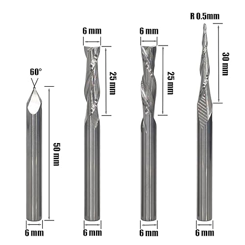 AKYLIN 4 Stück Fräser Set 6 MM Schaft,Spiralfräser Vollhartmetall VHM CNC Fräser,0.5 mm Radius Gravierfräser,60° V-Nutfräser für Holz Gravur - Cheap-Us