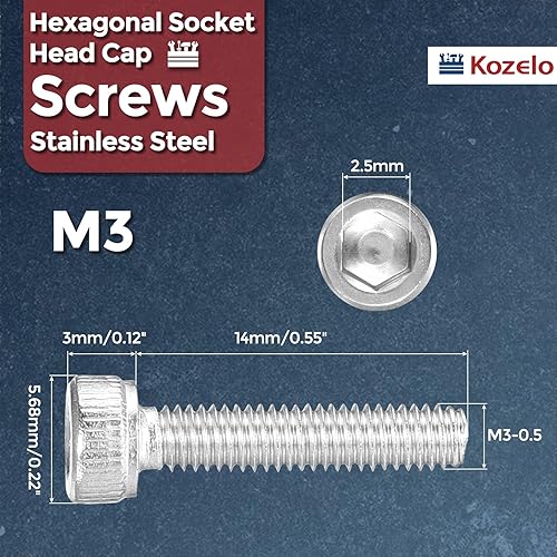 Kozelo 100 Stück Zylinderschrauben mit Innensechskant - [M3-0,35 x 14mm] 304 Edelstahl Vollgewinde Allen Innensechskant Antrieb für Elektromotor 3D-Druck Lüfter Motorenaustausch, Silber - Cheap-Us