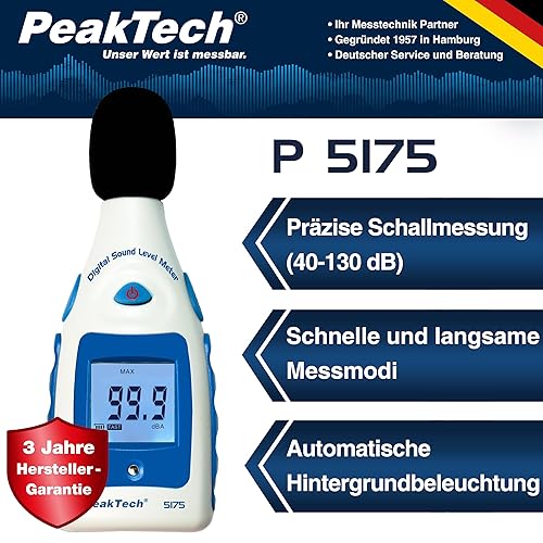 PeakTech Digital Schallpegelmessgerät 30-130 Db in A-Bewertung, 1/2 Zoll Mikrofon, Klasse 2, Lärmmessung, 1 Stück, P 5175 - Cheap-Us