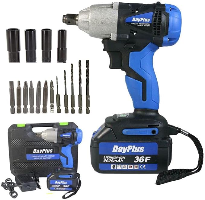 DayPlus Akku Schlagschrauber Reifenwechsel, Akku Drehschlagschrauber 1/2 Zoll Vierkantschlüssel mit Akku 6.0Ah 18V, Max. Drehmoment: 420 Nm, 2-Gang, Vorwärts & Rückwärts Funktion, LED Leicht - 1 Akku - Cheap-Us
