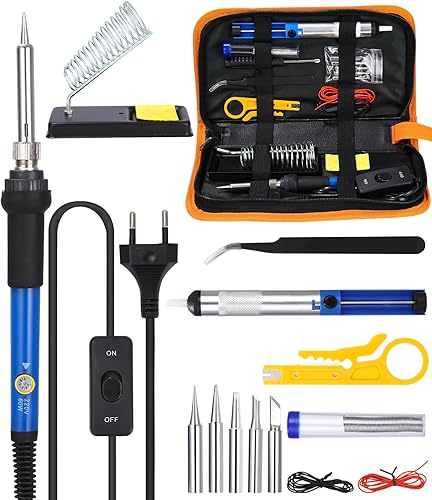 Yulado Lötkolben Set, 16 PCS Lötkolben, Lötset 60W Lötstation mit Temperatur Einstellbar 200-450°C, 5 Lötspitzen, Entlötpumpe, Lötzinn, Pinzette, Lötset für Hausgebrauch. - Cheap-Us