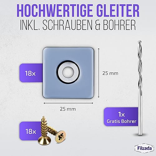Filzada® 18x Teflongleiter zum Schrauben - 50 x 50 mm (eckig) - Möbelgleiter/Teppichgleiter PTFE (Teflon) inkl. Schrauben - Cheap-Us