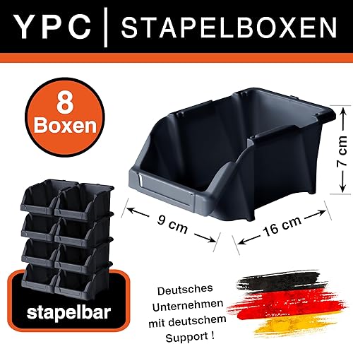 YPC Stapelboxen Set - Grau 8 Stück - Sichtlagerboxen 16x9x7cm mit Wandhalterung für Werkstatt & Garage zur Aufbewahrung von Schrauben & Werkzeug - Cheap-Us