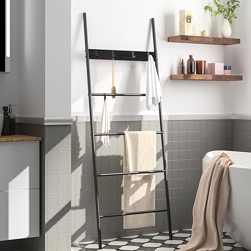 HOOBRO Handtuchleiter, Handtuchständer, Handtuchhalter, Kleiderständer, 5 abnehmbare Haken, 60 x 177 cm, für Badetücher, Kleidung, Decken, Zeitungen, platzsparend, Stabil, Industriestil EBF60CJ01 - Cheap-Us