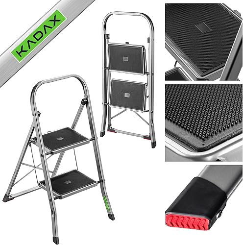 KADAX kleine Aluleiter, Sicherheitsleiter aus Aluminium, Haushaltstritt mit Lastkraft bis 150kg, klappbare Stehleiter, Trittleiter mit rutschfesten Beinen (3 Stufen) - Cheap-Us
