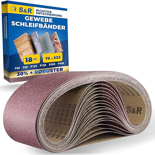 S&R Schleifband-Set 18 Stück 75 x 533 mm, je 3x P60/P80/P120/P150/P240/P400 für Bandschleifer, reißfestes Gewebe-Schleifpapier, Schleifgurt, Schleifriemen für Holz, Metall, Plastik, Entrostung - Cheap-Us