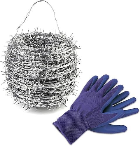 KARAT Stacheldraht verzinkt, 16 Meter Rolle mit Tragegriff und Handschuhe, Übersteigschutz für Zaun, Drahtzaun, Weidezaun, Wildzaun, Abwehr gegen Marder - Cheap-Us