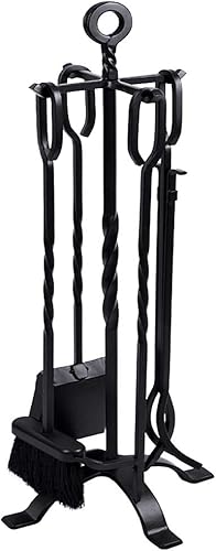 AMAGABELI 32'(81cm) 5-teilige Kaminbesteck Set Kamingarnitur mit Schmiedeeisen und Innenausstattung Kaminzubehör Kaminständer Feuerzange Schaufel Antikbürste Schornsteinschürhaken Schwarz - Cheap-Us