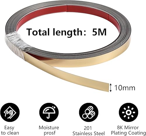 Zierleisten Selbstklebend, 10m x 2.0cm 201 Edelstahl Selbstklebende Zierleisten Gold Leisten & Wandleisten Flexible Metall Zierleiste für Toilette, Fliesenrand, Wandecke, Fußleiste, Boden - Cheap-Us