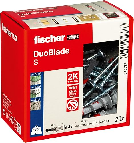 fischer DuoBlade S, selbstbohrender Gipskartondübel mit Spanplattenschraube, starker Dübel für einfache Montage in Gipskarton- und Gipsfaserplatten, Zentrierspitze aus Metall, 20 Dübel + 20 Schrauben - Cheap-Us