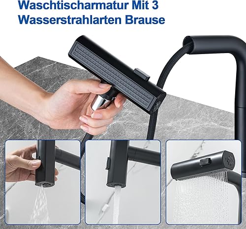 LakeBayMZC Wasserhahn Bad mit Brause Ausziehbar,Waschtischarmatur für Aufsatzwaschbecken mit 3 Wasserstrahlarten Brause ausziehhar,Mischbatterie Bad Höhenverstellbar,Schwarz Matt - Cheap-Us