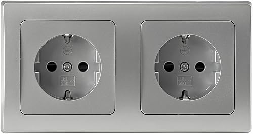 DELPHI Steckdose Unterputz 2-fach - Schutzkontaktsteckdose mit erhöhtem Berührungsschutz mit Rahmen Farbe Silber Grau - Cheap-Us