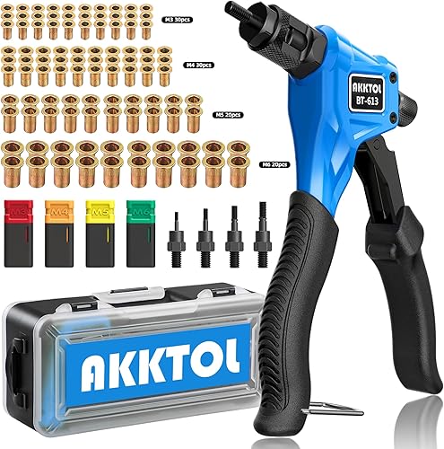 AKKTOL Nietmutternzange, Nietmutternzange Set, Gewindenieten Zange Set mit 100 Nietmuttern M6, M5, M4, M3, 4 Dorne und Tragekoffer, Einnietmutternzange, Einhand-Nietmutter Zange Werkzeug - Cheap-Us