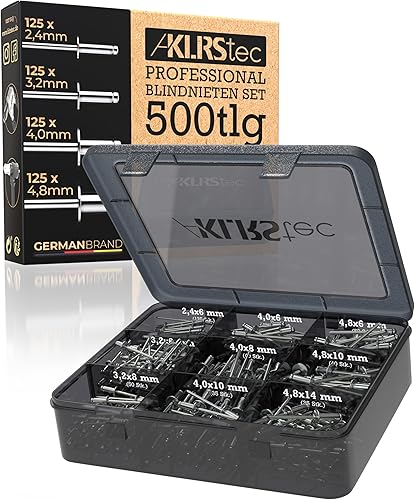 KLRStec Professional Blindnieten Set [500tlg.] Aluminium/Stahl Popnieten Set für Nietenzangen 125 Stk. jeder Größe (2,4mm, 3,2mm, 4,0mm und 4,8mm) - Cheap-Us