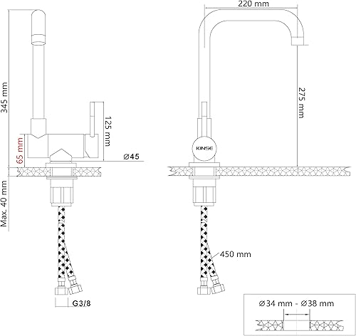 KINSE Vorfenster-Küchenarmatur klappbar Edelstahl | 360° Schwenkbar Einhebel Unterfenster Armatur | Hochdruck Wasserhahn Küche | Schwarz - Cheap-Us