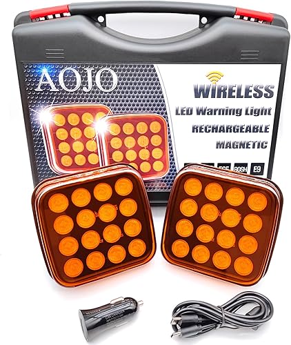 AOJO 2 x Orange Wireless LED Warnleuchte 4 Lichtmodi, Gelb/Amber Kabelloss Akku Warnblitzer Satz mit Schutzbox - Magnetisch, Wiederaufladbar, Wasserdicht, E-Prüfzeichen - Cheap-Us