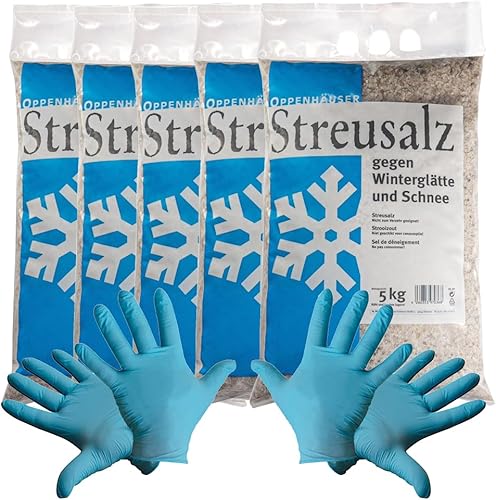 5x Oppenhäuser Streusalz/Auftausalz grobkörnig 5 kg + 2 paar Einweg Nitril-Handschuhe - Cheap-Us