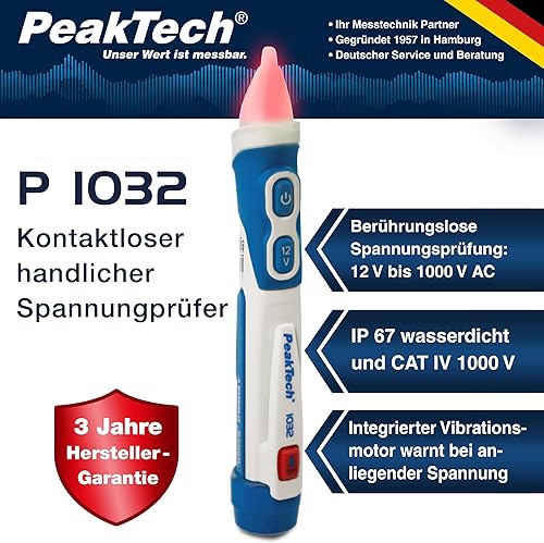 PeakTech 1032 AC Spannungsprüfer berührungslos [+LED Signal Lampe & Vibration] 12-1000 V AC Betriebsbereich, Leitungssuchgerät, Leitungssucher, Phasenprüfer Stromprüfer, Leitungsfinder - 160x28mm - Cheap-Us