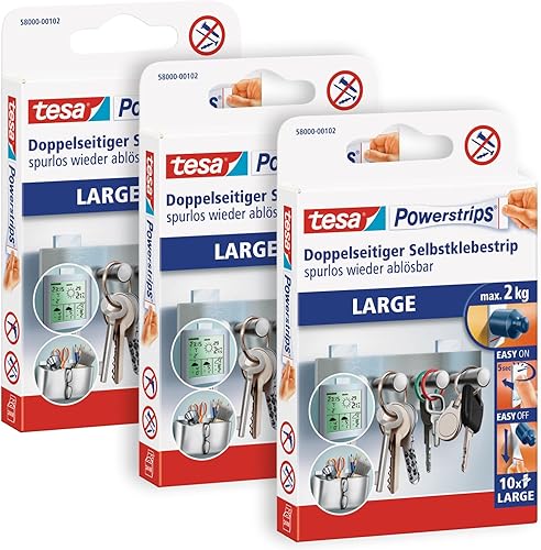 tesa Powerstrips Large im 3er Pack - Doppelseitige Klebestreifen zur Montage von Gegenständen auf glatten Oberflächen - Bis zu 2 kg Halteleistung - insgesamt 30 Powerstrips Weiß - Cheap-Us