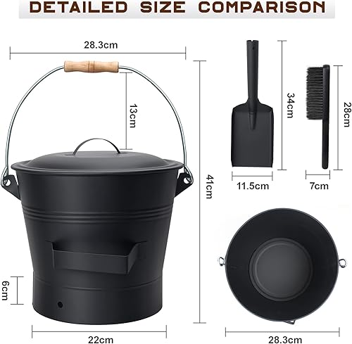 BRIAN & DANY Ascheeimer mit Deckel, Runder Kohleeimer für Kamine, 10L Eimer mit Schaufel und Handbesen, Werkzeugset Zubehör für Kamin, Feuerstelle, Holzofen - Cheap-Us