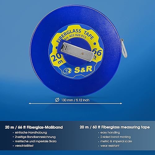 S&R Bandmaß Fiberglas 20m / 66 Ft, Breite 13mm, Rollmeter METER und ZOLL doppel Seiten markiert, Rollmaßband 20 m Maßmeter Kapselbandmass - Cheap-Us