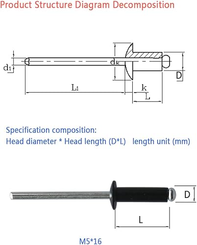 210 Stück Blindnieten Set,Aluminium Dom Großflansch Nieten Sortiment Kit(M3,2/M4/M5) Länge(8/10/12/14/16mm) Popnieten für Metall, Aufbewahrungsbox,Möbel,Marine (Schwarz) - Cheap-Us