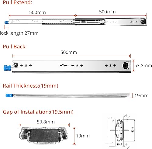 GETLITOOL 1 Paar (2 Stück) Schwerlast Schubladenschiene 500 mm, Schwerlastauszüge Vollauszug mit Lock-in/out Einrastfunktion Schwere Kugellager Schubladenschienen inkl. Schloss bis 120KG Tragkraft - Cheap-Us