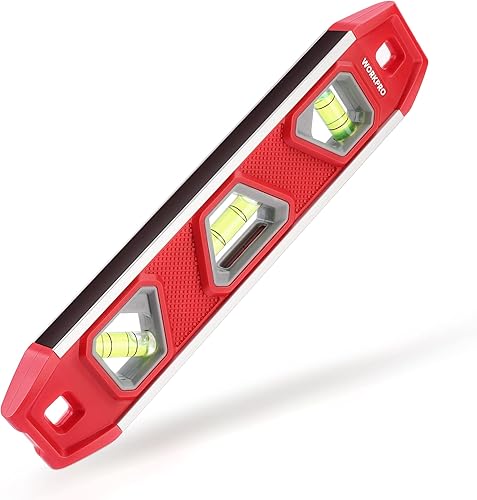 WORKPRO Wasserwaage Magnetisch 23 cm, Mini Wasserwaage Torpedo-Wasserwaage mit 3 Libellen 45°/90°/180°, Schlagfeste Blocklibelle, Aluminium-Rahmen, Starker Magnet, Oben ablesbar, Für Bauprofis - Cheap-Us