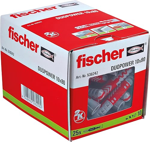 fischer DuoPower 10 x 80, Universaldübel, leistungsstarker 2-Komponenten-Dübel, Kunststoffdübel zur Befestigung in Beton, Ziegeln, Stein, Gipsbauplatten uvm., ohne Schrauben, 25 Stück - Cheap-Us