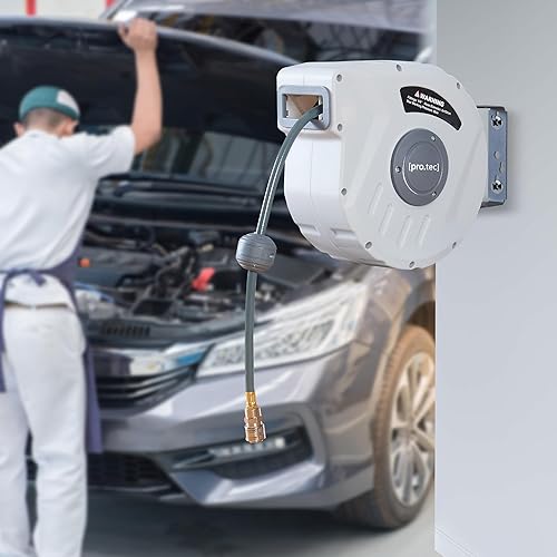 pro.tec Druckluftschlauchtrommel Nassau 180° Schwenkbarkeit Druckluftschlauch 10m + 1m Schlauchtrommel Weiß/Grau Schlauchaufroller zur Wandmontage 1/4 Anschluss automatisch - Cheap-Us