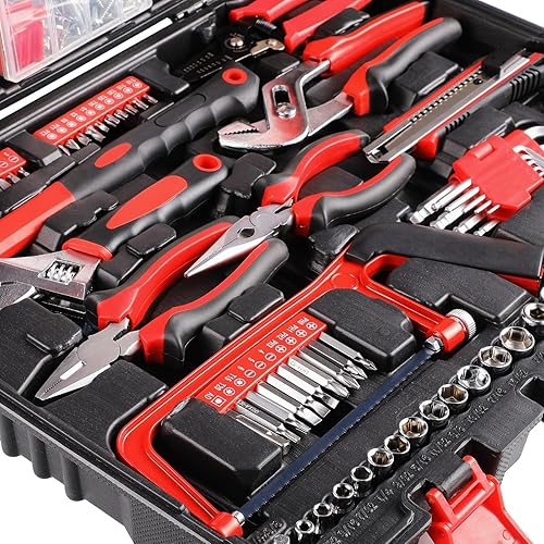 TLGREEN Werkzeugkoffer Gefüllt 198tlg Werkzeugkasten Haushalts Werkzeug Set mit Ratsche Steckschlüsselsatz Schraubenzieher Universal Werkzeug-Sets Rot - Cheap-Us
