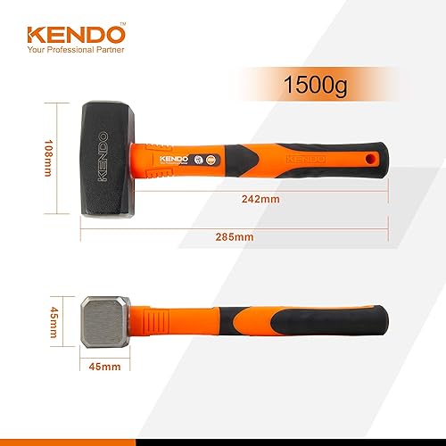 KENDO Fäustel 1500g – hochwertiger Kohlenstoffstahlkopf – Schlagwerkzeug – Fiberglasstiel – ergonomischer Griff – Abbruchhammer – Vorschlaghammer - Feustel Hammer - Cheap-Us