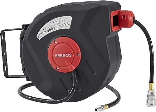 Arebos Druckluftschlauch Aufroller | Automatik Schlauch Aufroller | Wandhalterung | 1/4 Zoll Schnellkupplung | UV-beständig | 180° Schwenkbar | inkl. Montagehalter | 10 m - Cheap-Us