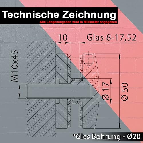 PRIOstahl Glaspunkthalter Punkthalter Glashalter x 4 Halter mit M10 Schraube + Gummieinlagen für Glas 8mm bis 17,52mm Flacher Anschluss für Glasscheiben Plexiglas Balkon Geländer aus Edelstahl V2A - Cheap-Us