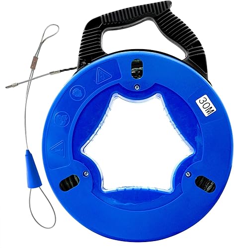 Einziehband 30m Einziehdraht Polyester Einziehspirale mit Führungsfeder Einziehhilfen ideales Einzugsband zur Kabelverlegung im Blauen Kunststoffgehäuse, 4,5mm Durchmesser - Cheap-Us
