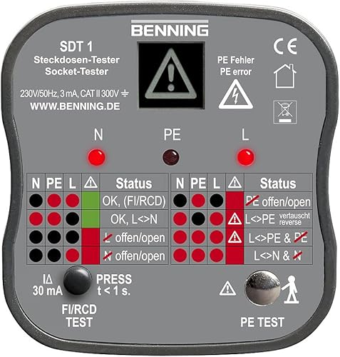 Benning SDT 1. Steckdosentester (Prüfung von Schutzkontaktsteckdosen, Prüfart 2-polig, Spannungsmessbereich 230 V AC, Klingenlänge 17 mm) 20053, schwarz, grau und rot - Cheap-Us