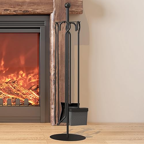 Kingson Kaminbesteck-Set für Kaminofen, Durchmesser 18 cm x Höhe 68 cm, inkl. Schaufel, Schürhaken, Bürste, Zange und Ständer, Schwarz, 5-teilig - Cheap-Us