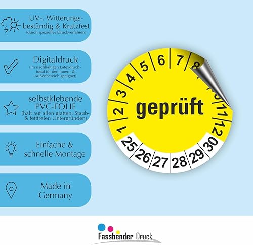 Fassbender-Druck PRÜFPLAKETTEN - Hochwertige Prüfetiketten GEPRÜFT Ø 20mm - Selbstklebende PVC-Folie - Wartungsetiketten für Prüfung - Prüfplakette für Prüfungsnachweis (250 Stück) - Cheap-Us