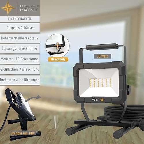 Northpoint LED Blackline Baustrahler Arbeitsstrahler mit Stativ Fluter Strahler 60W (2x 30W) Leistung 4800 Lumen Lichtstrom 158cm Stativ 5m Zuleitung AN/AUS Schalter - Cheap-Us