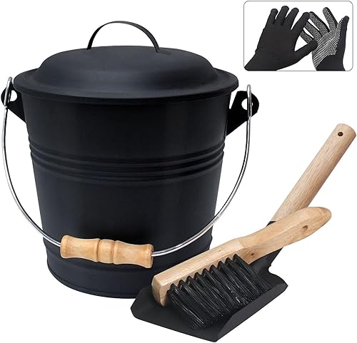 BRIAN & DANY Ascheeimer mit Deckel, Runder Kohleeimer für Kamine, 5L Eimer mit Schaufel und Handbesen, Werkzeugset Zubehör für Kamin, Feuerstelle, Holzofen - Cheap-Us