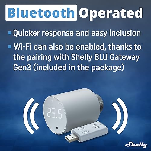 Shelly Blu TRV & Shelly Blu Gateway Gen3 - Thermostatisches Heizkörperventil, Bluetooth-Drehventil mit Wi-Fi Verbindung, Steuerung über App, inkl. Bluetooth vers Wi-Fi Passerellen - Cheap-Us