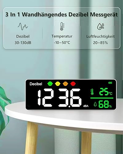 Digitaler Dezibelmessgerät, 3 In 1 Schallpegelmesser Wandbehang Schallpegelmessgerät mit Temperatur & Feuchtigkeits, 30~130dB, 11' Große LED Bildschirm, für Zuhause, Babyzimmer, Bibliothek - Cheap-Us