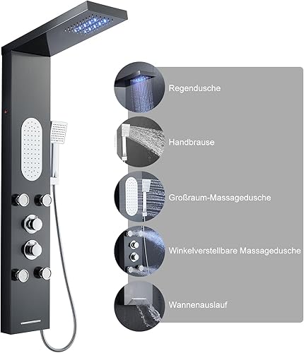 KEOKBON LED Duschpaneel mit Armatur Schwarz 5 Funktion, Regendusche 2 Rückenmassage Wanneneinlauf Handbrause, Duschpaneele Duschsystem aus Edelstahl - Cheap-Us