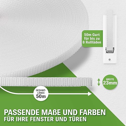 Grüntal® 50m Rollladengurt 14mm 23mm [Made in Germany] mit Anleitung- Für bis zu 8 Rollladen [Hohe Stabilität durch doppelte Webkanten]- schneller Rolladengurt-Wechsel - Cheap-Us